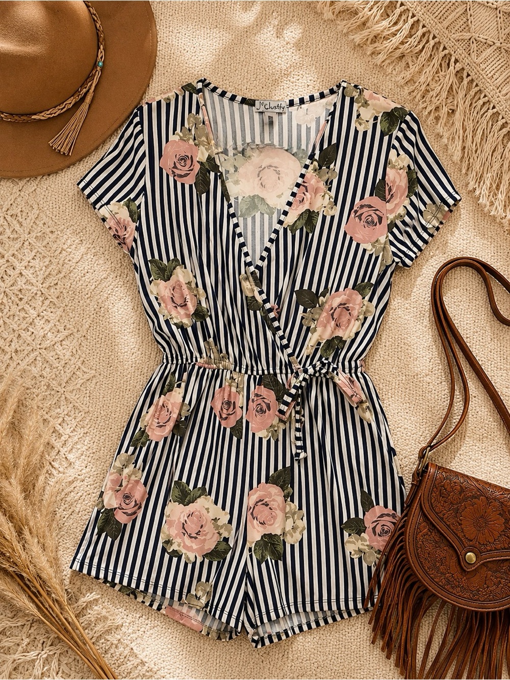Striped Floral Wrap Romper with Pink Roses
